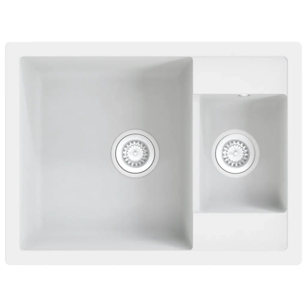 Lavello da Cucina Doppio con Foro Troppopieno-Lavandino-Lavabo Bianco in Granito