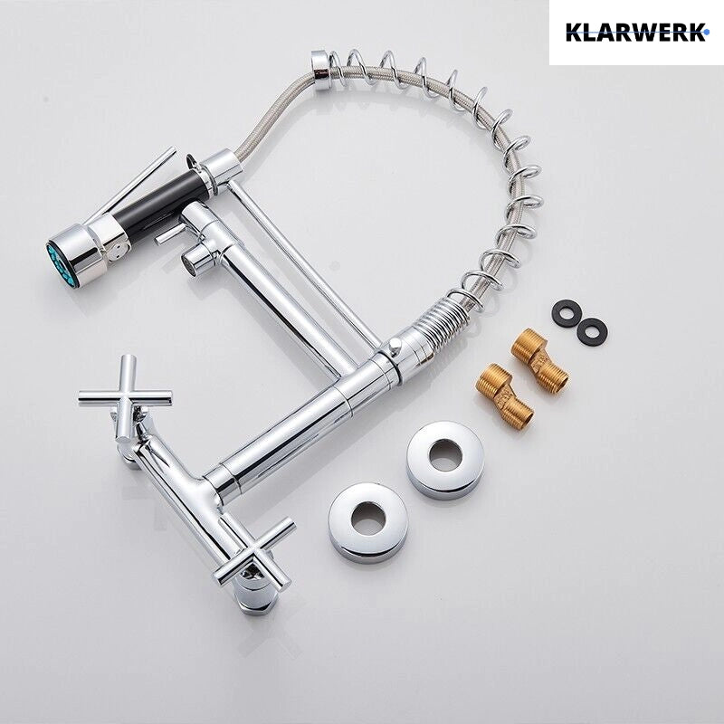 Björn | Herraje de pared para gastronomía argent brillante Grifo  cocina profesional de acero inoxidable con dos duchas|doble lavabo pared restaurante