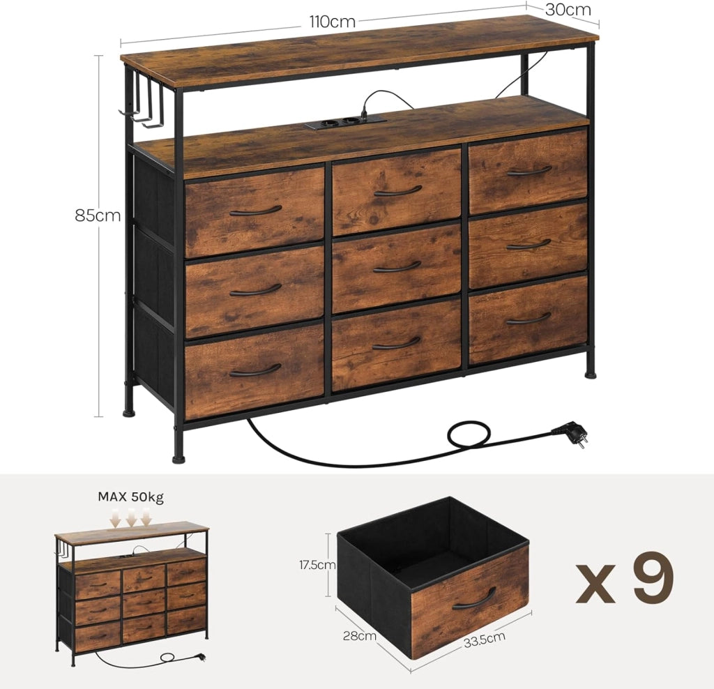 Comò 9 Cassetti, Mobile Contenitore con Multipresa e Illuminazione LED, Cassetti in Tessuto, 3 Ganci Laterali, Struttura in Metallo, 110x30x83,5 cm, Marrone Rustico + Nero