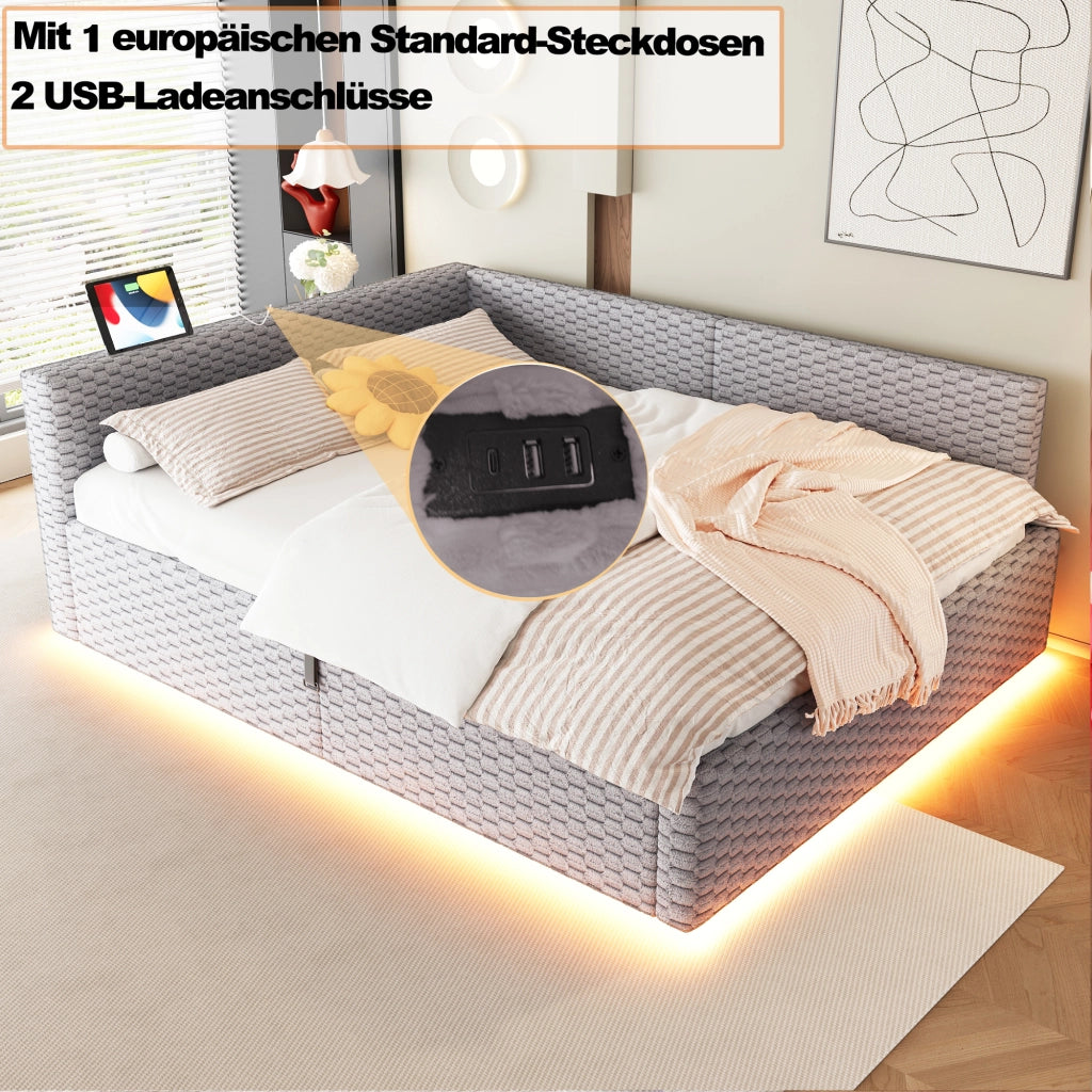 Letto divano contenitore 140 × 200 cm con LED, 2 USB e Type-C, senza materasso, in velluto, grigio