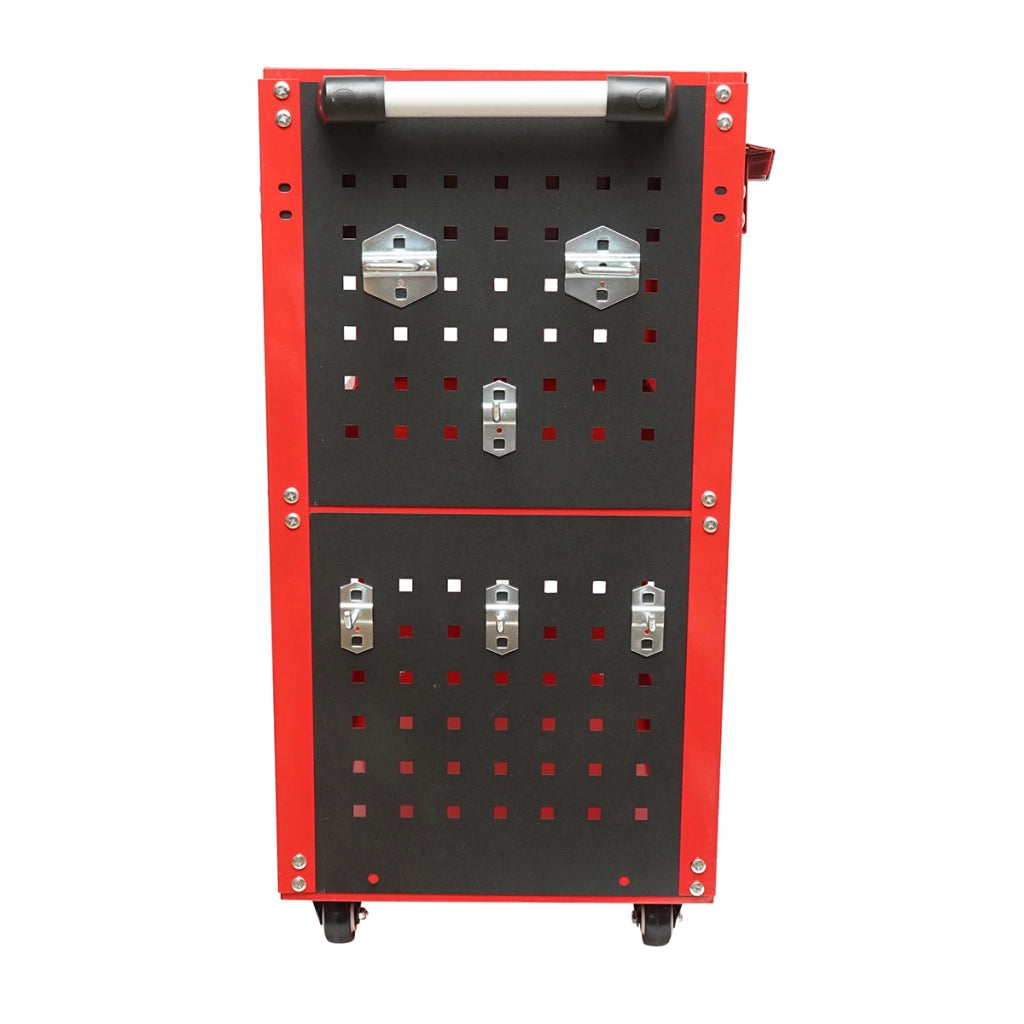 Carrello metallico su ruote con 3 ripiani, supporti e cassetto per attrezzi 660x360x730mm.