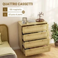 Mobile Cassettiera 4 Cassetti Stile Boho in Legno e Rattan, 90x45x108.5cm, Rovere