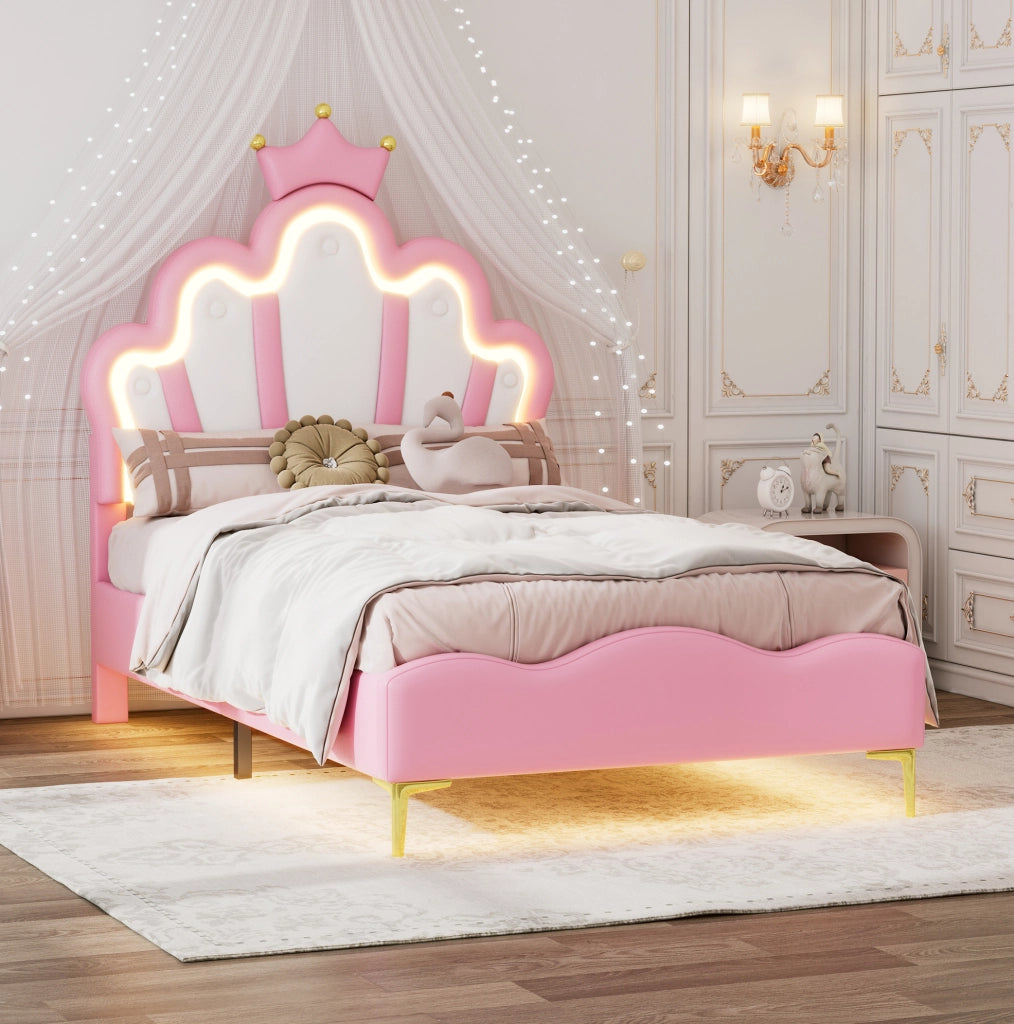 Letto singolo 90x200 cm con LED e testiera a nuvola; PU; rosa