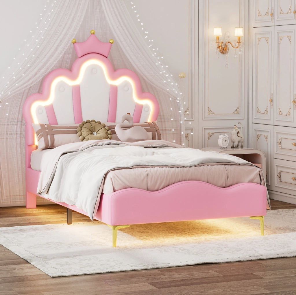 Letto singolo 90x200 cm con LED e testiera a nuvola; PU; rosa