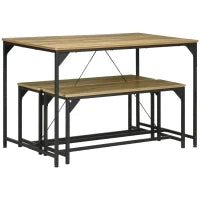 Set Tavolo da Pranzo e 2 Panche, Struttura in Acciaio, 4 Persone, per Cucina, Sala da Pranzo, Salotto, Naturale e Nero