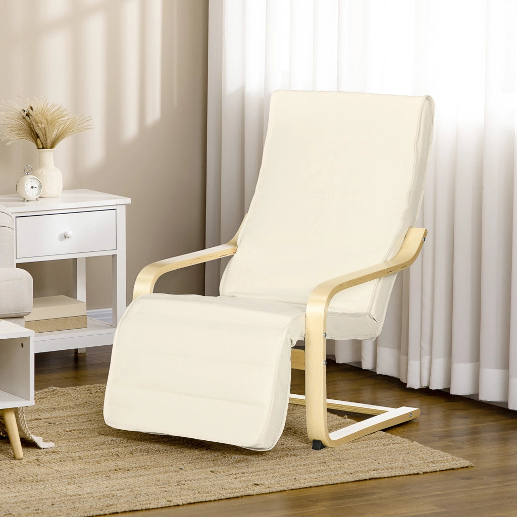 Poltrona Relax con Poggiapiedi a 5 Livelli e Poggiatesta. Legno di Betulla e Tessuto. 66.5x94x100 cm. Crema