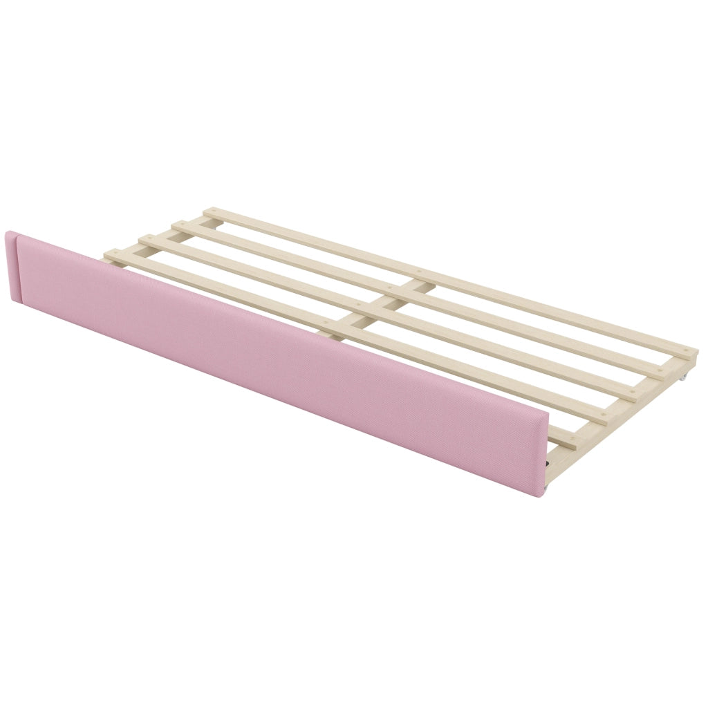Letto a giorno 90x200 cm con letto estraibile; scrivania e LED in MDF; compensato; imbottito rosa