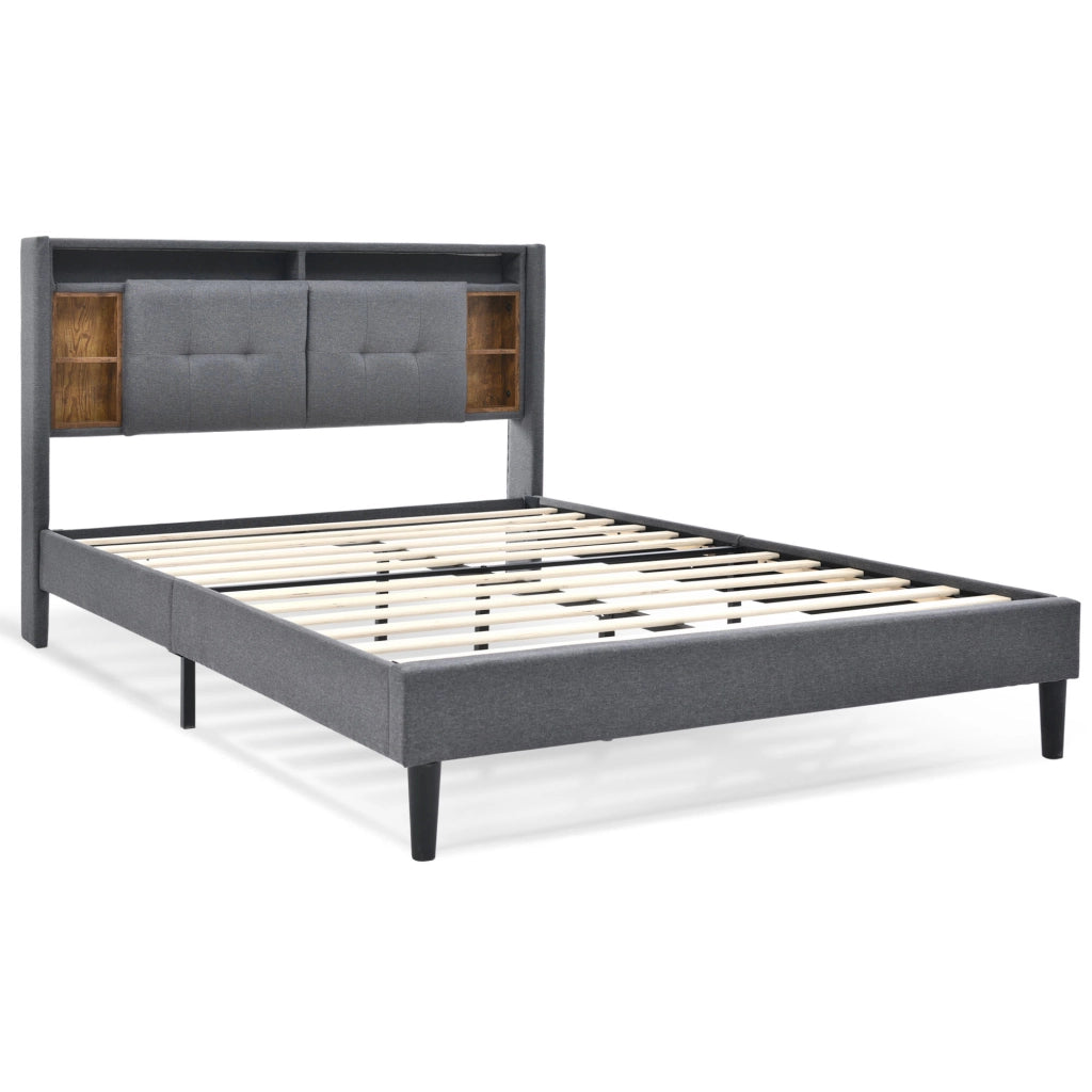 OKWISH Letto Contenitore 140×200 cm, Letto Matrimoniale con Testiera Contenitore, USB, Prese e LED Regolabile, senza Materasso, Grigio