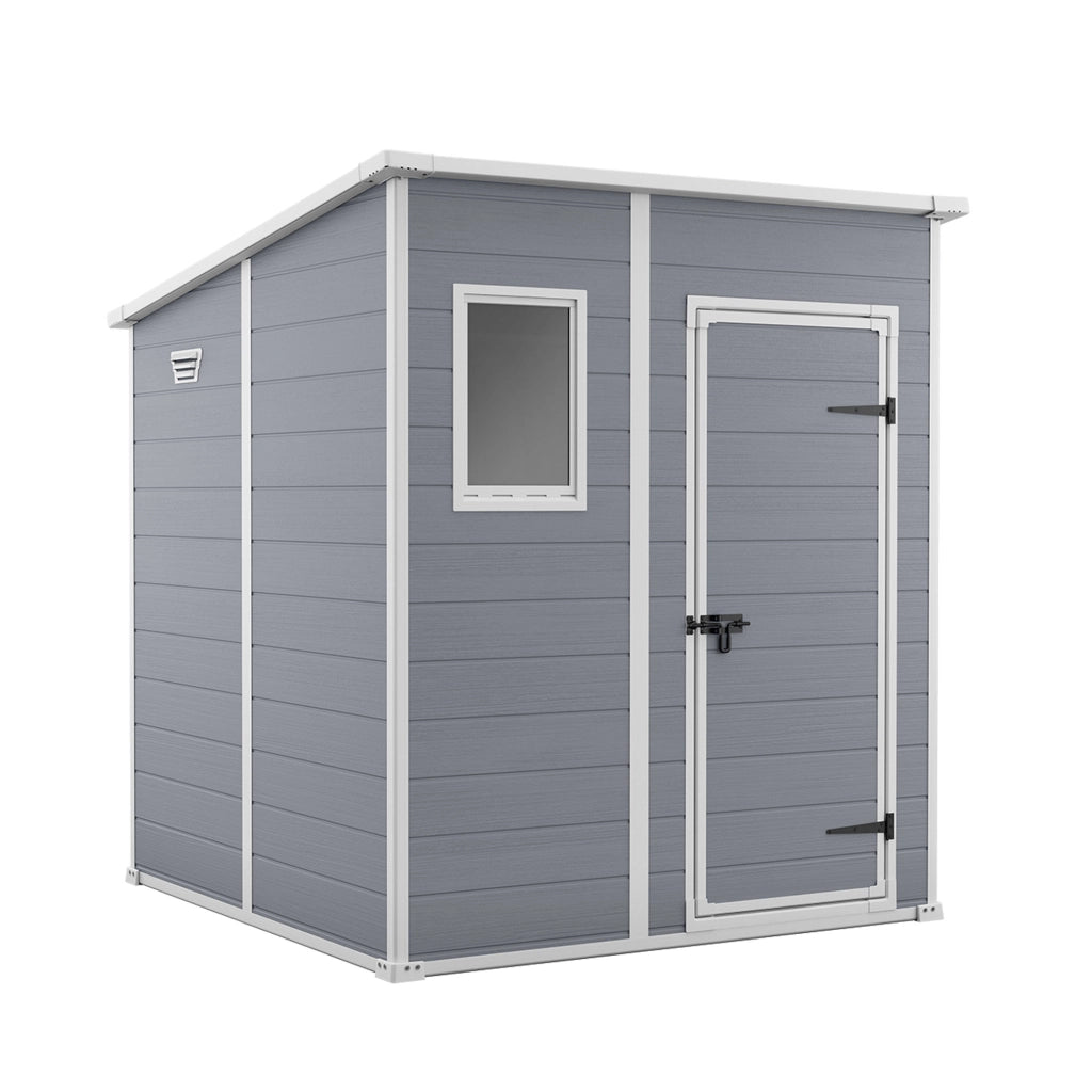 Manor Pent 6x6 - Casetta da Giardino 183,50x200x185 cm 1 Anta per deposito attrezzi finitura effetto legno graffiato in Resina Grigio
