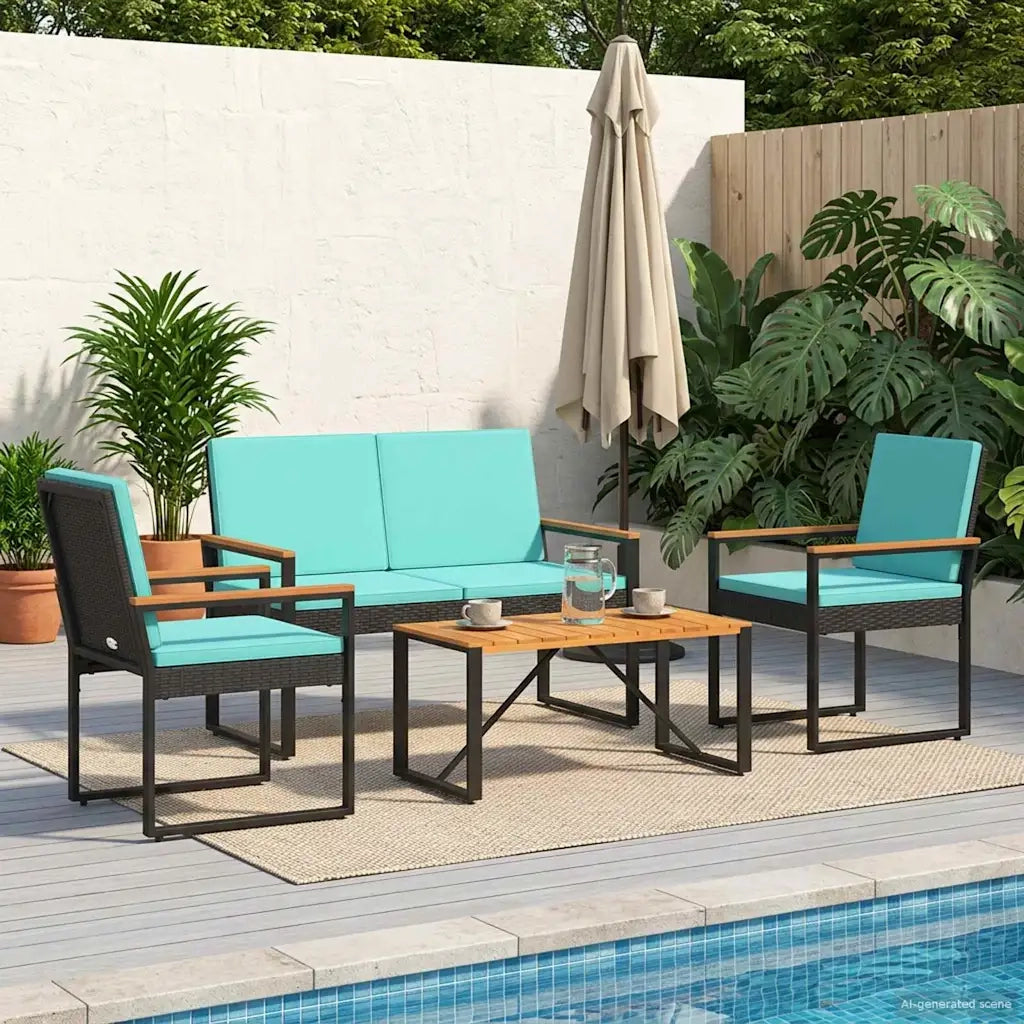 Set Mobili da Esterno 4 pcs Nero e Turchese polyrattan