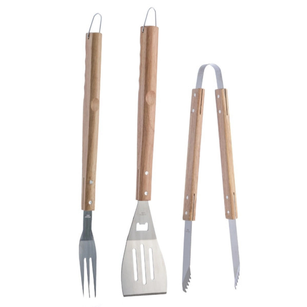 Trade Shop - Set 3 Pezzi Utensili Barbecue In Acciaio E Legno Accessori Attrezzi Bbq Tools -