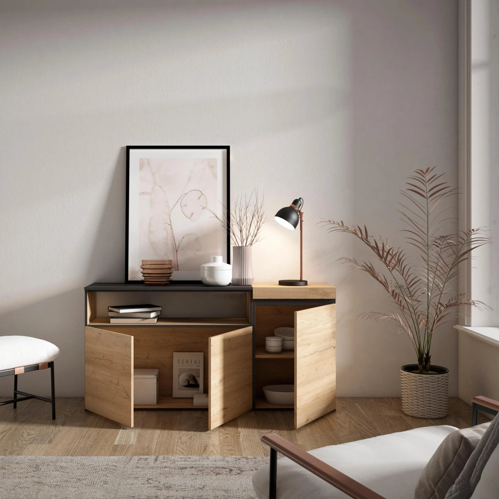 Credenza, Mobile, 150x35x75cm, 3 Porte, grande stoccaggio, colore Rovere e nero RF2516