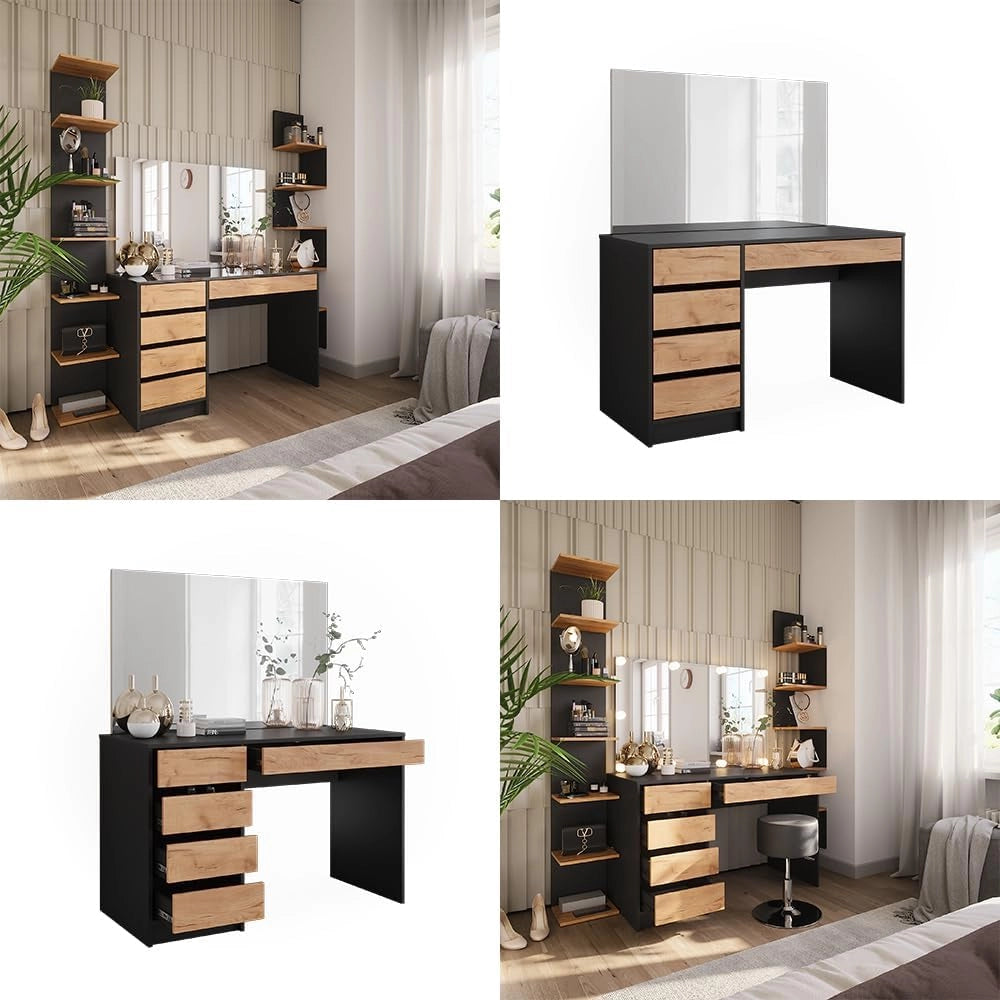 Tavolo da toilette Sherry, Antracite/quercia dorata, 120 x 75 cm con specchio, con specchio rettangolare per uso quotidiano