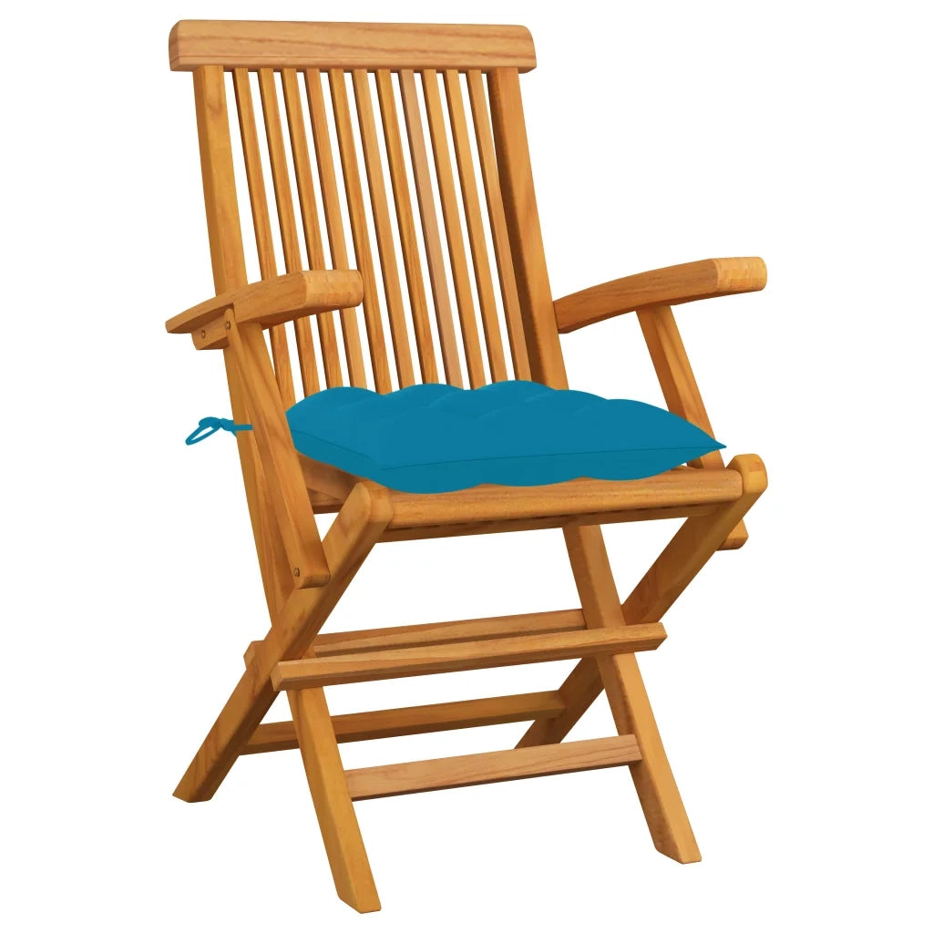Sedie da Giardino con Cuscini Azzurro 3 pz in Massello di Teak