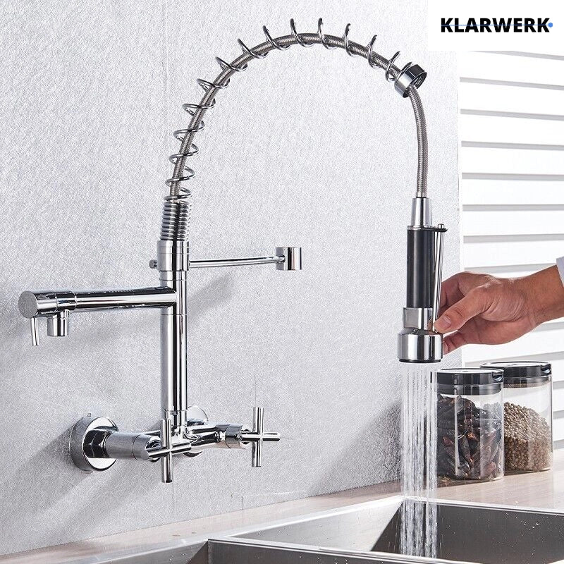 Björn | Herraje de pared para gastronomía argent brillante Grifo  cocina profesional de acero inoxidable con dos duchas|doble lavabo pared restaurante