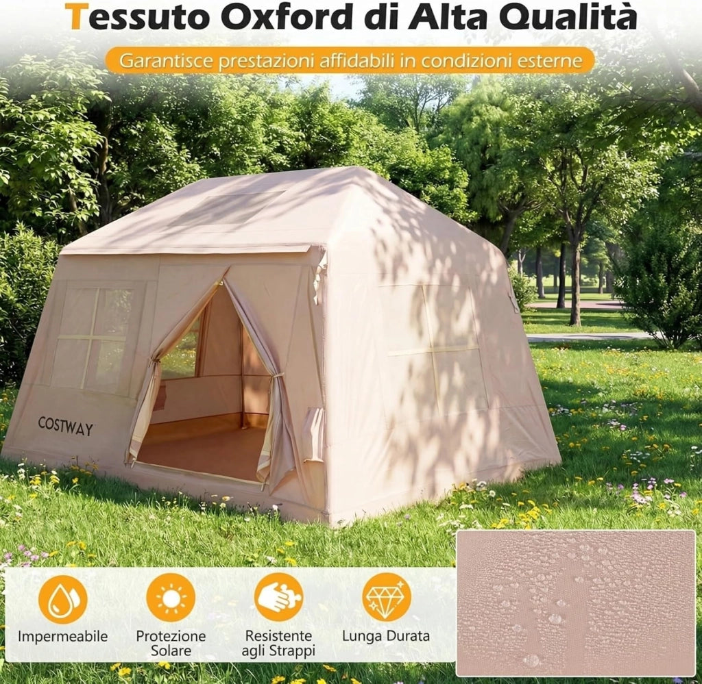 Tenda da Campeggio Gonfiabile per 4-6 Persone, Tenda Portatile da Esterno con Pompa, Porte e Finestre in Rete, Picchetti, Cordini Antivento e Borsa per il Trasporto per Viaggi e Escursionismo
