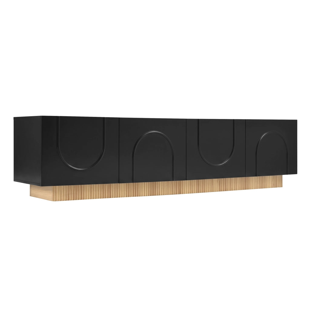 Mobile TV con quattro ante ad arco 3D; vani chiusi e passacavi; base a doghe; MDF e PB nero 170 × 38 × 42 cm