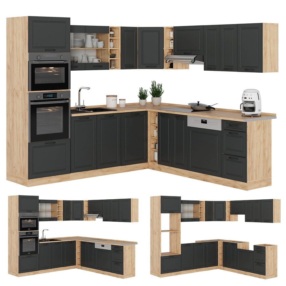 Cucina angolare completa R-Line Antracite rustico/Rovere dorato 247 x 237 cm, PL Antracite Vicco