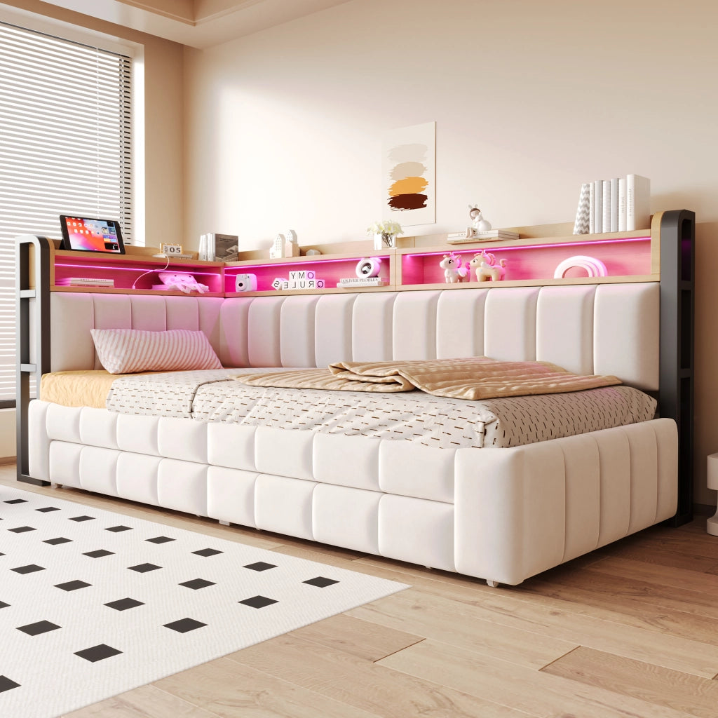 Divano letto imbottito 90x200 cm estensibile in 180x200 cm con contenitori, cassetti, LED e porte USB/Type-C, velluto beige