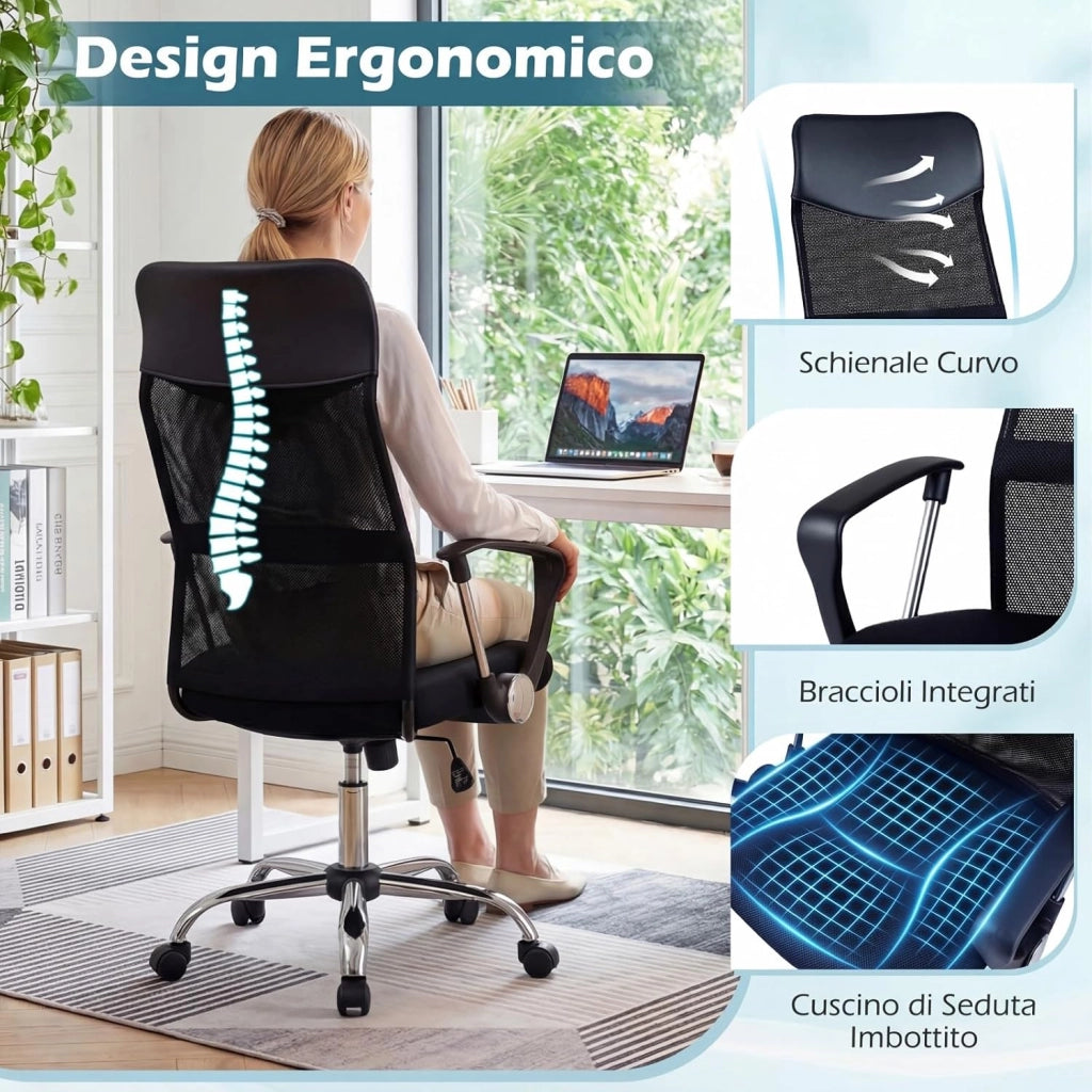 Sedia da Ufficio Girevole, Schienale Ergonomico | Altezza Regolabile, Poltrona Scrivania in Rete, Braccioli Curvi, Ruote, per Casa Studio