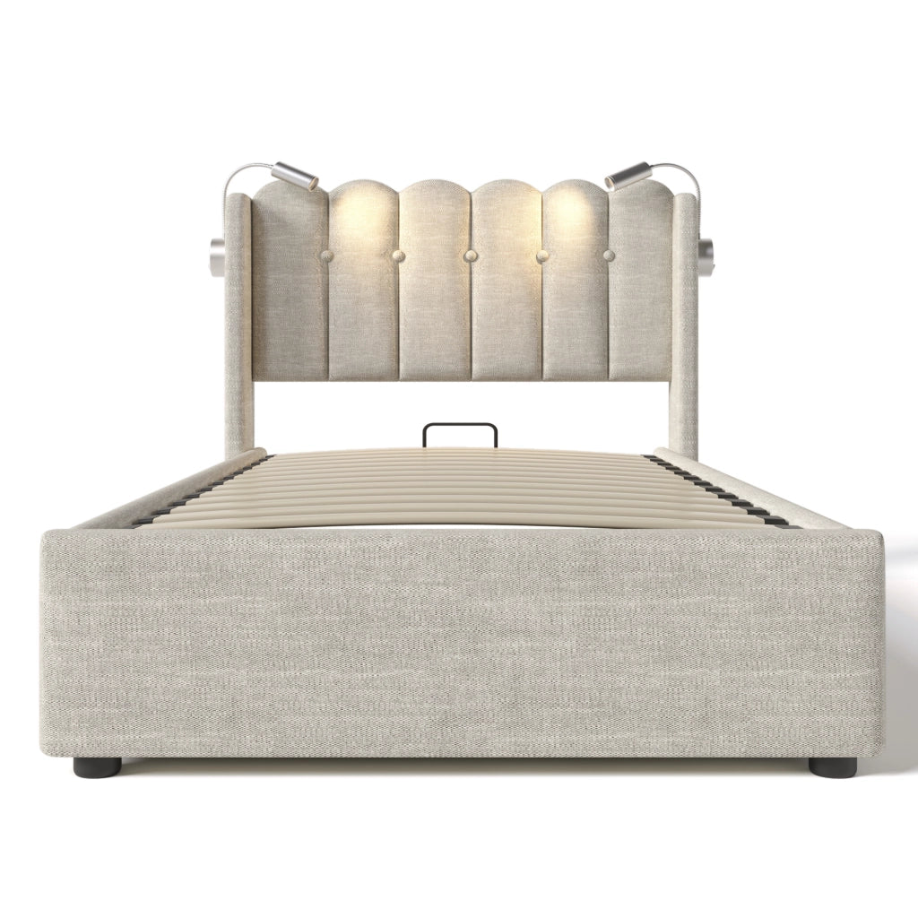 OKWISH Letto contenitore 90×200 cm, Letto Singolo con Testiera, Lampada da Lettura e USB, senza Materasso, in Lino, Naturale