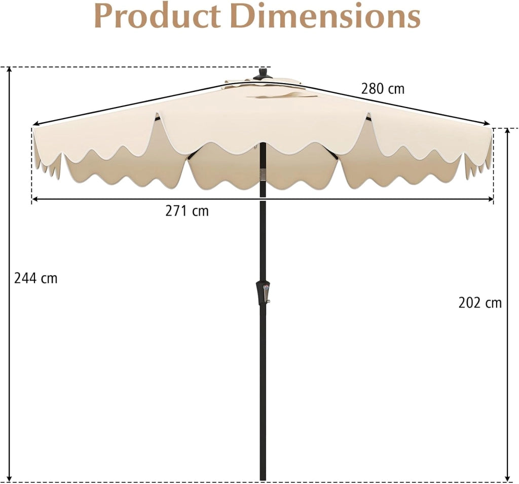 Ombrellone da Balcone 270 cm Protezione UPF 50+, con Manovella e 8 Stecche, Parasole da Giardino Inclinabile con Bordi Increspati, per Spiaggia, Terrazzo, Piscina