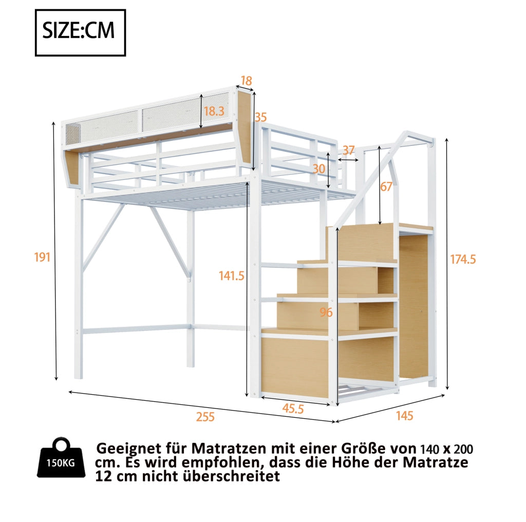 Letto a soppalco 140x200 cm in metallo bianco con ripiano
