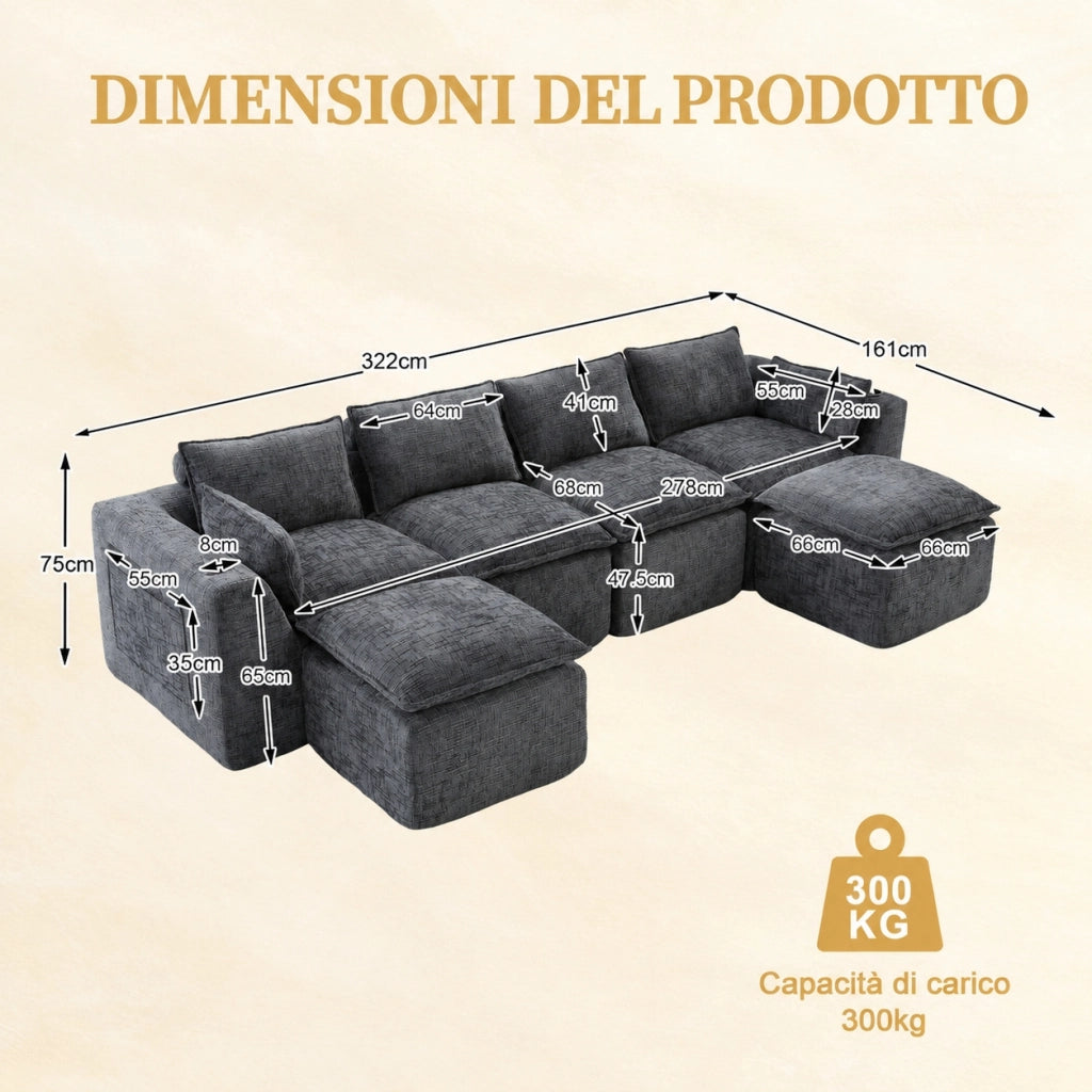 Divano modulare 4 posti con due pouf e portabicchieri; ciniglia; grigio scuro