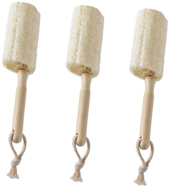 Set di tre spazzole a loofah per bicchieri, spazzola per bottiglie con manico lungo, manico in legno antiscivolo, set di spazzole per pulizia - 18cm