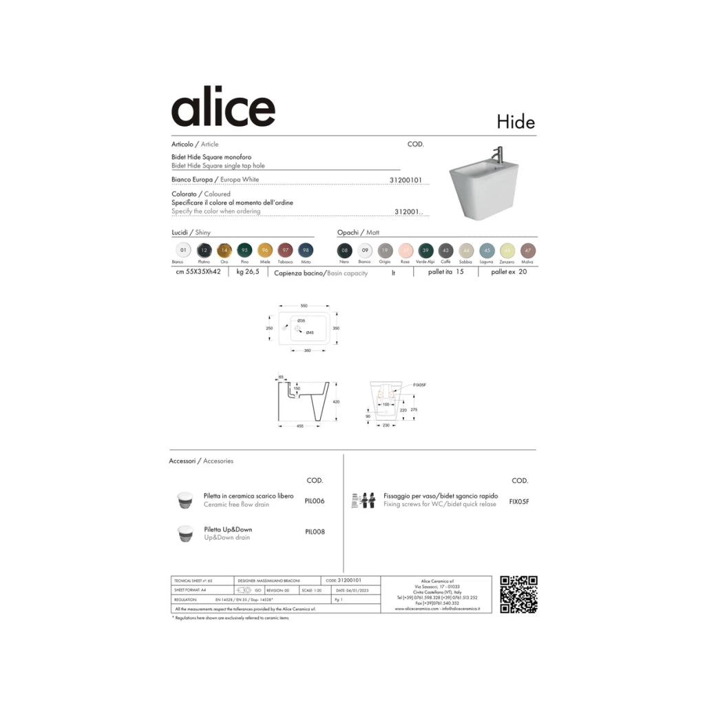 Coppia Di Sanitari Alice Ceramica Da Terra Filo Muro Senza Brida Bianco Opaco "Hide Square"
