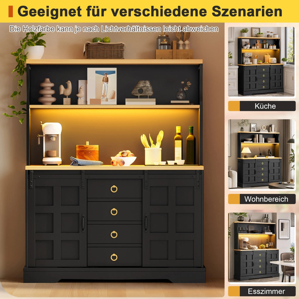 Credenza e madia con 2 ante scorrevoli, 4 cassetti e LED RGB, per cucina e sala da pranzo, nero, 120 × 40 × 150 cm