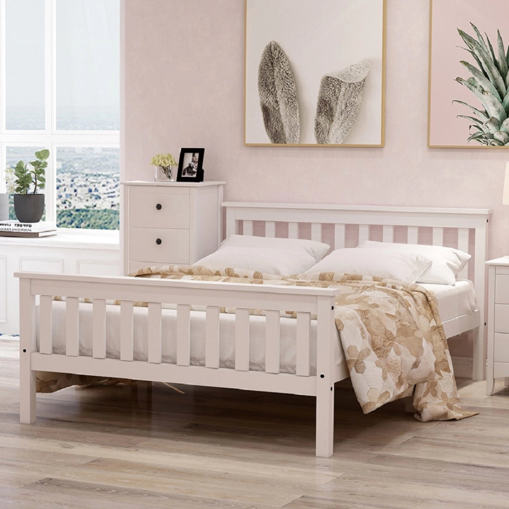 Letto Matrimoniale 140 x 200 cm con Rete a Doghe - in Legno Massello e Bianco