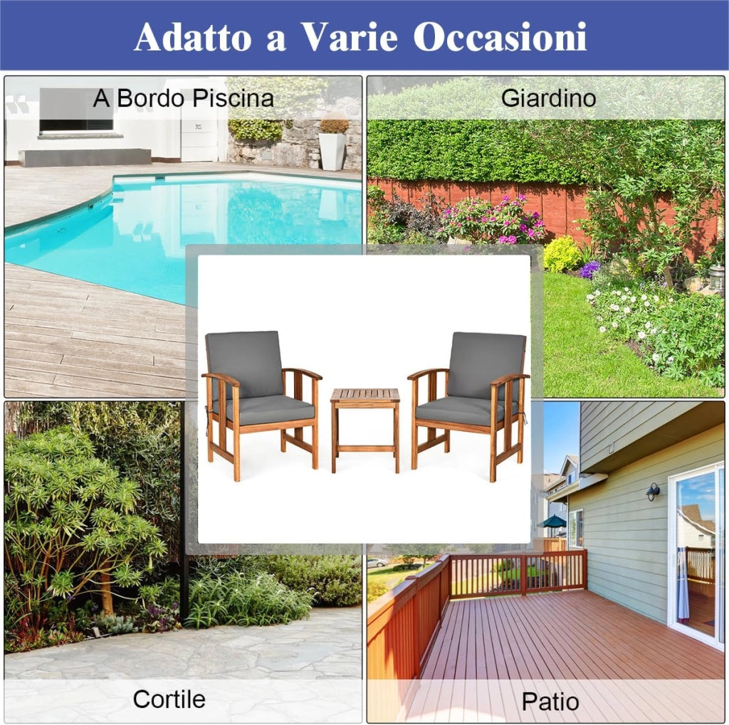 Set di Mobili da Giardino, Sedie Imbottiti in Legno con Cuscini e Tavolino da Caffè, Set da Mobili da Esterno per Cortile, Bordo Piscina e Balcone