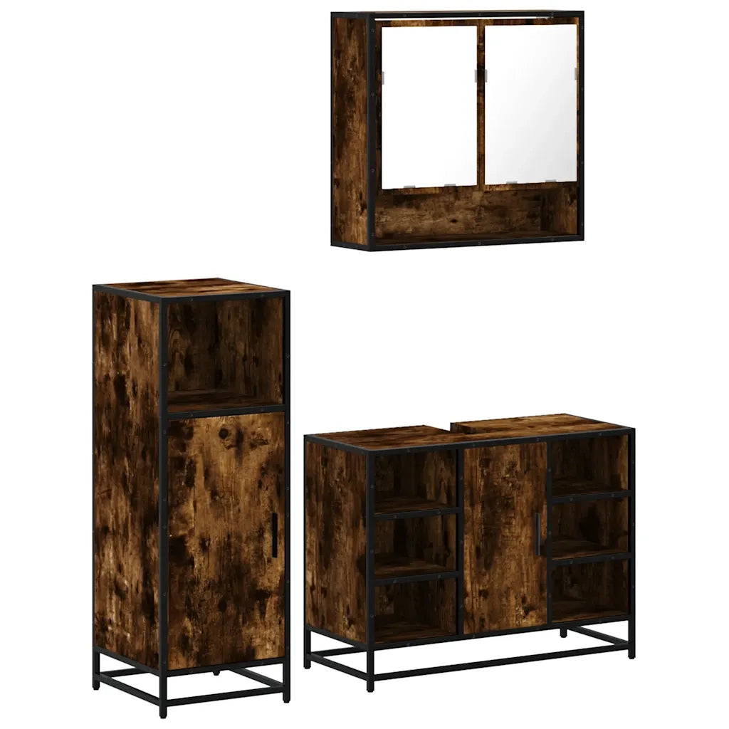 Set Mobili da Bagno | Armadio da bagno 3 pz Rovere Fumo in Legno Multistrato
