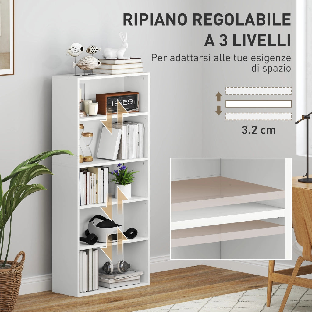 Mobile Libreria a 5 Ripiani con 3 Scaffali Flessibili, in Legno, 60x24x133.5 cm, Bianco