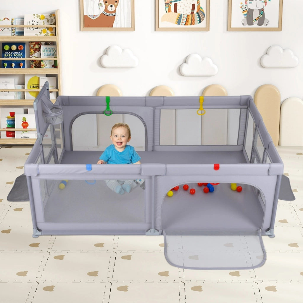 Area giochi sicura con canestro da basket e palline oceaniche-Recinto giochi grande per bambini Grigio chiaro