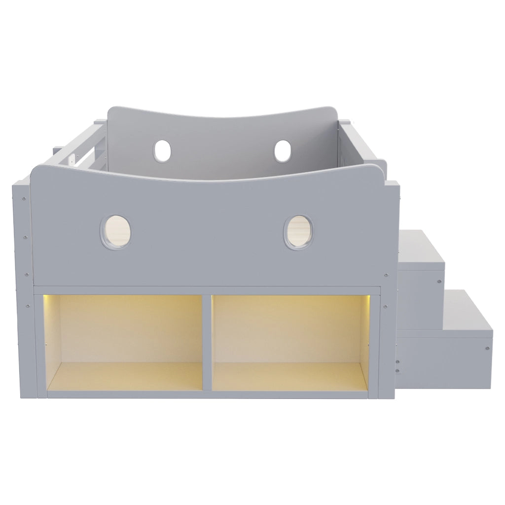 Letto singolo per bambini 90x200 cm con cassetti; testiera portaoggetti; sponda; LED; USB e USB-C; legno grigio