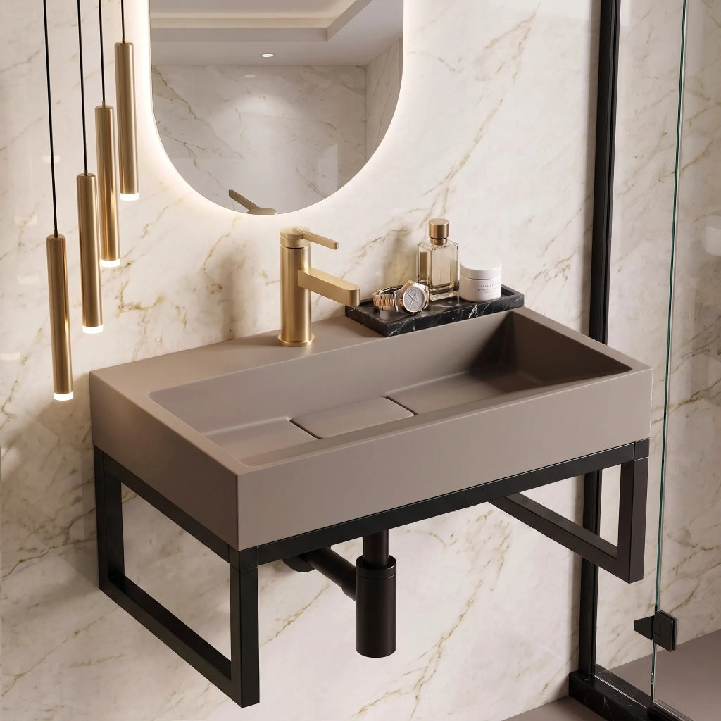 Lavabo In Conglomerato Rea Goya Taupe 60cm + Supporto