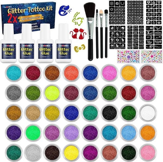 Set di Tatuaggi Temporanei per Bambini - 80 colori di glitter, 308 stencil, impermeabile e idoneo per la pelle per ragazze, bambini, adolescenti, adulti, maschere, feste, cosplay, 2 set