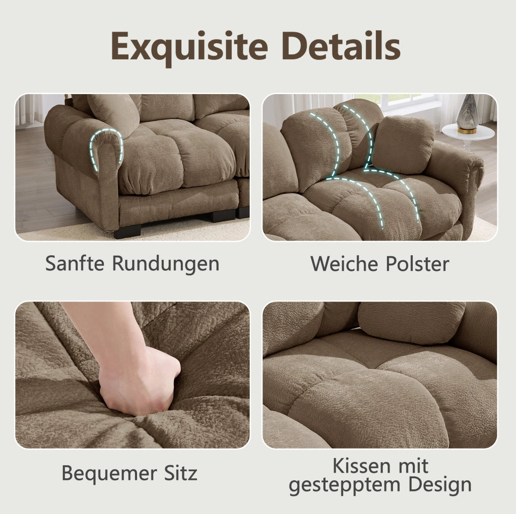 Divano modulare 2 posti 190x86x90 cm in chenille marrone con cuscini trapuntati