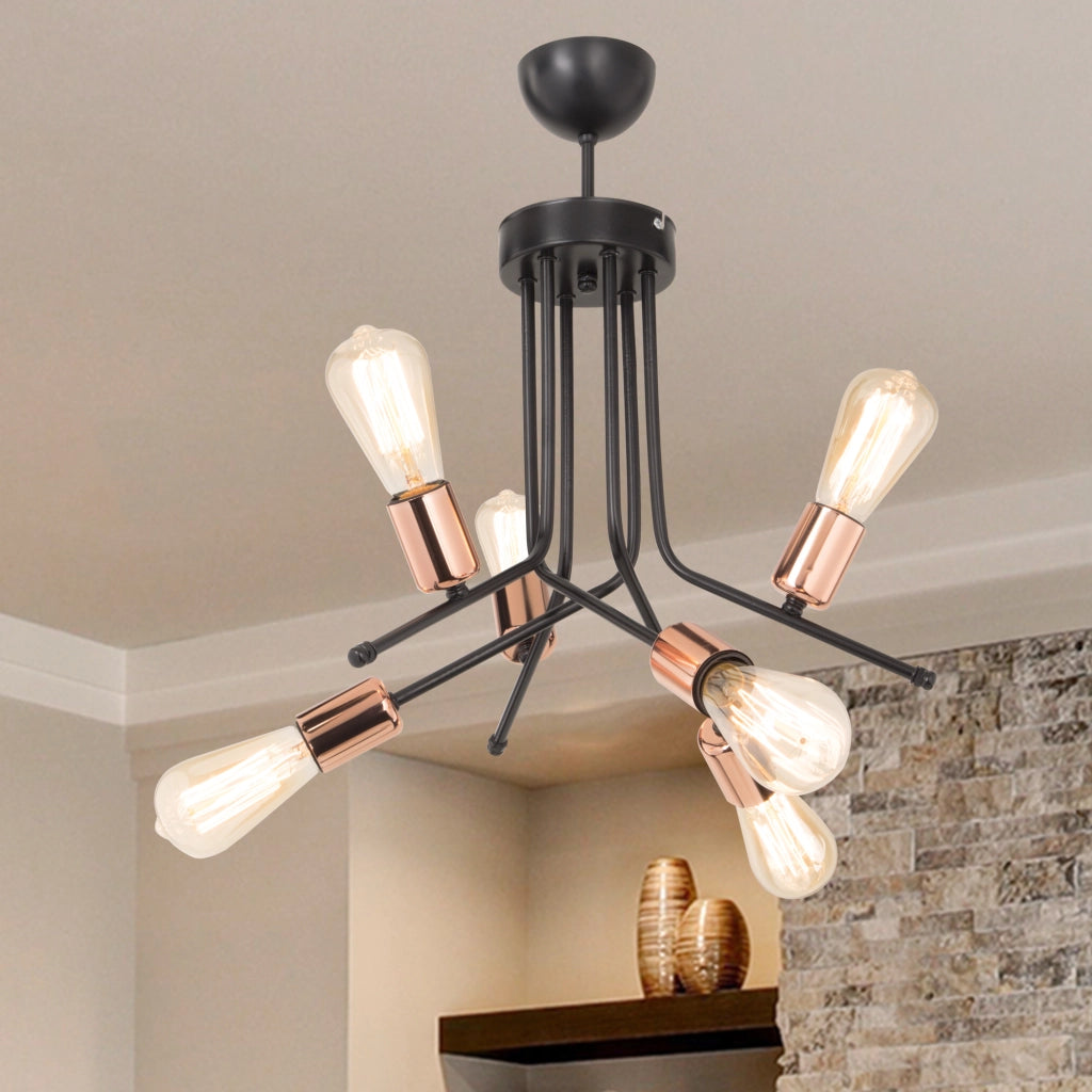 Plafoniera 'Halesowen' a 6 Fonti di Luce - Lampadario in Metallo Senza Paralume - Nero/Rame  [lux.pro]