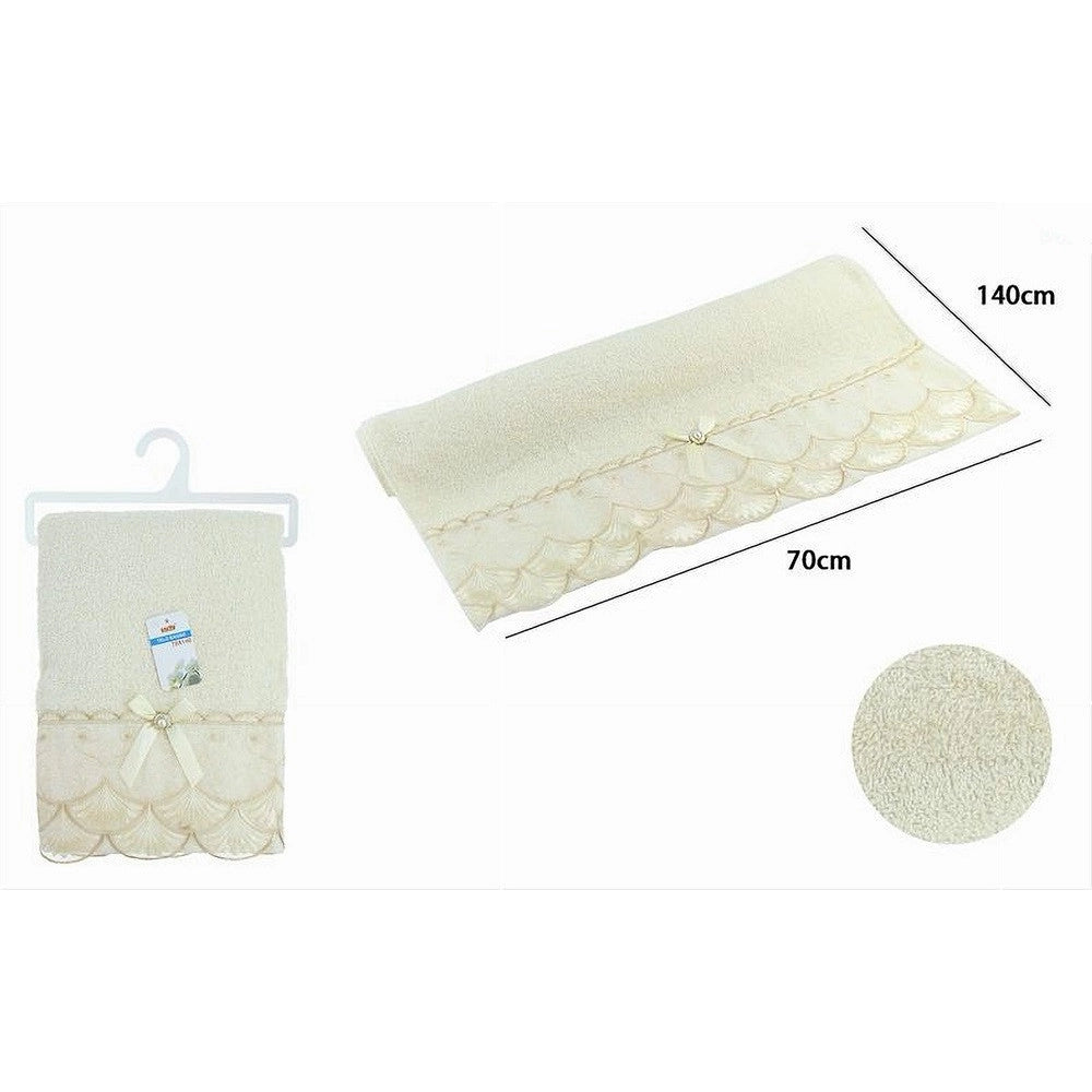 Trade Shop - Asciugamano Bagno Telo Cotone Morbido Decorato 70x140cm 380gr Beige Chiaro 79504 -