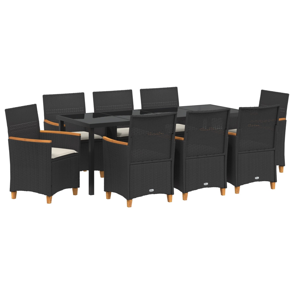 Set da pranzo da giardino 9 pezzi con cuscini neri in polyrattan