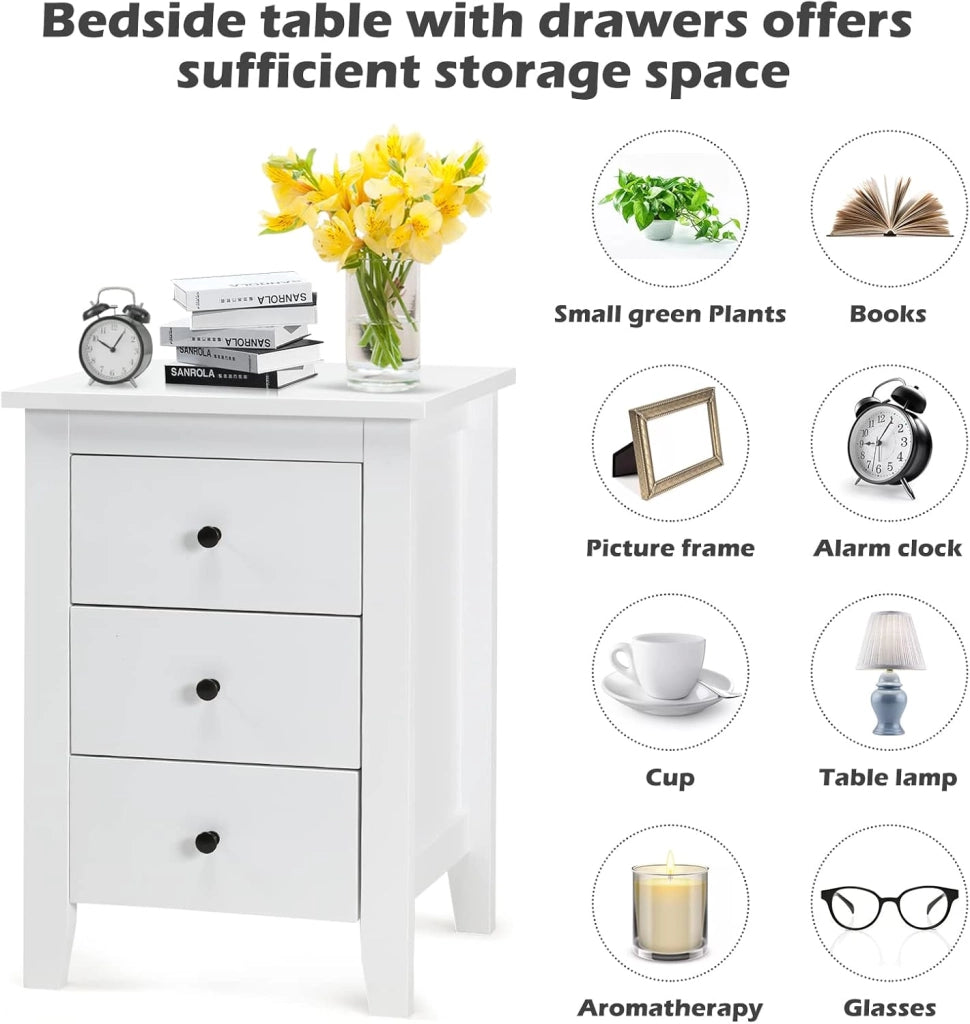 Comodino a 3 Cassetti, Comò Cassettiera Salvaspazio e Moderno in Legno, Mobile con Cassetti per Camera da Letto, Soggiorno, Cucina, Corridoio, 46 x 37 x 65 cm (Bianco x 2)