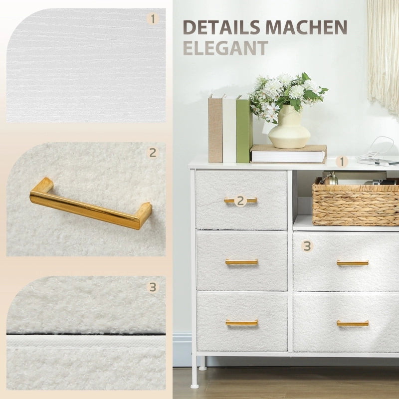 Comò con 8 cassetti e stazione di ricarica in tessuto bouclé, per ingresso e soggiorno, crema bianco 110 × 30 × 76 cm