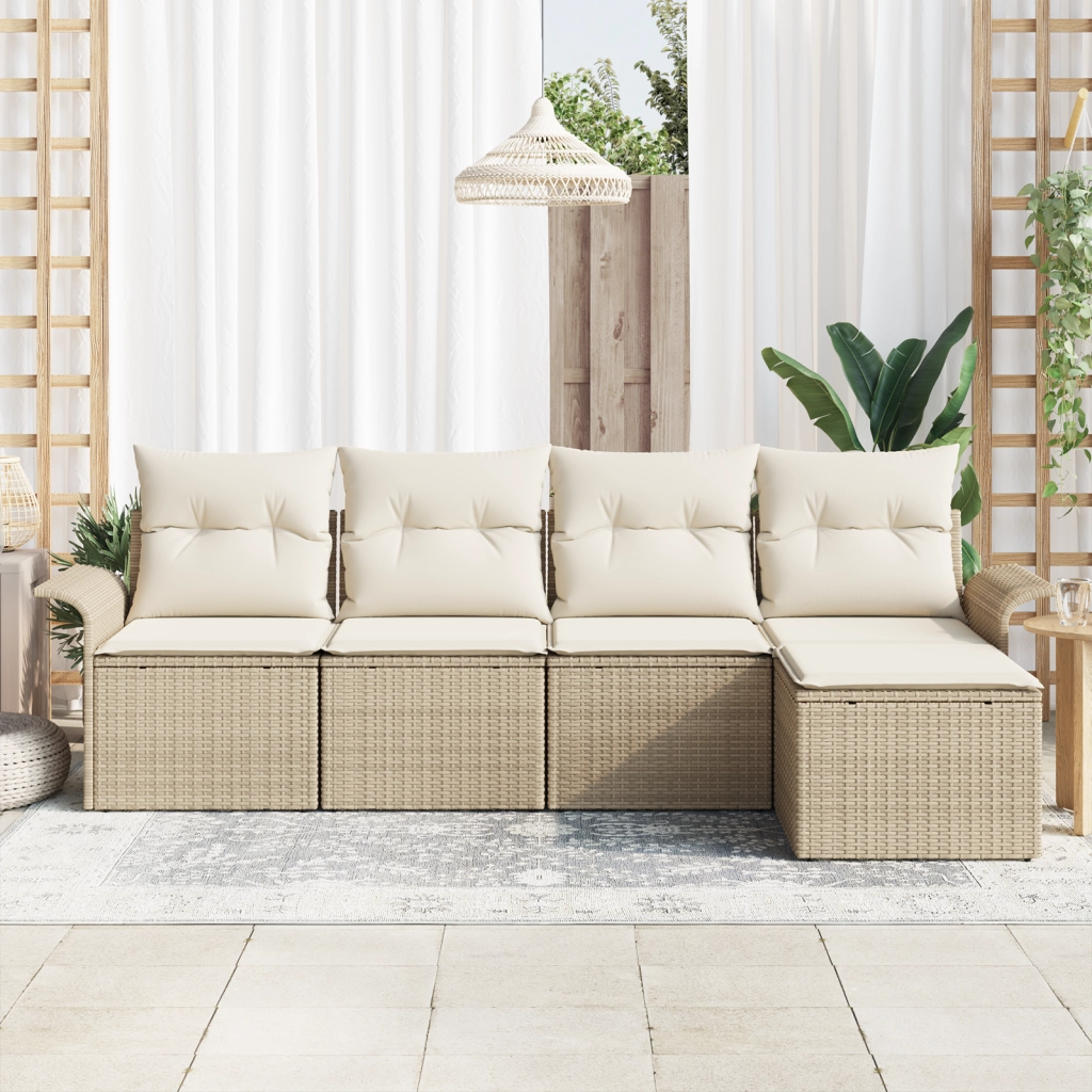 Set Divano da Giardino  da 5 pezzi con Cuscini Beige in Rattan Polietilene