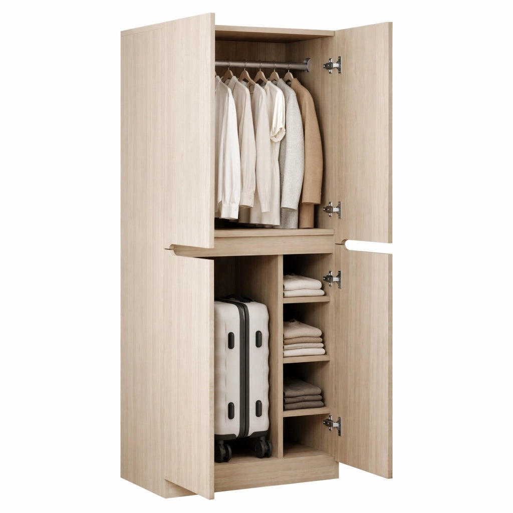 Armadio 2 ante 70x40x170 cm con vano appendiabiti e scomparti; naturale