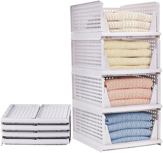 Set di 4 organizzatori di capiente di abbigliamento pieghevoli, lade per cassetti, scatole da riporre in pile, organizzatore di plastica, cassa, scatole da riporre in pile per abbigliamento, camera da letto, cucina, bagno - bianco