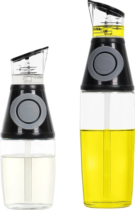 Set di contenitori per olio e aceto [2 pezzi] - 250 ml e 500 ml con scala, etichette, grande apertura - contenitore per olio in vetro per un facile riempimento - contenitori BPA-free per olio e aceto