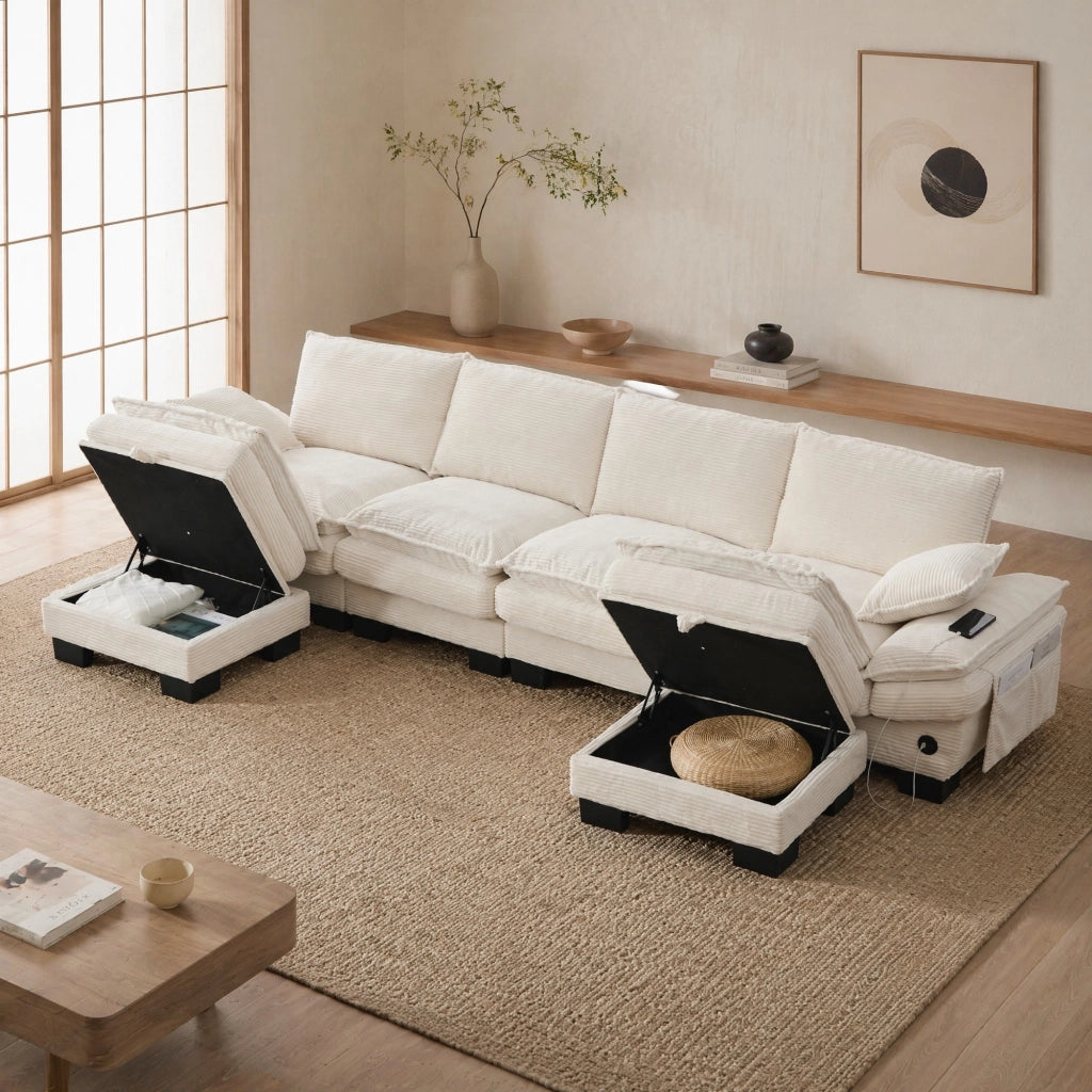 DIVANO Modulare 4 posti 330x132x84 cm in corduroy beige con 2 pouf